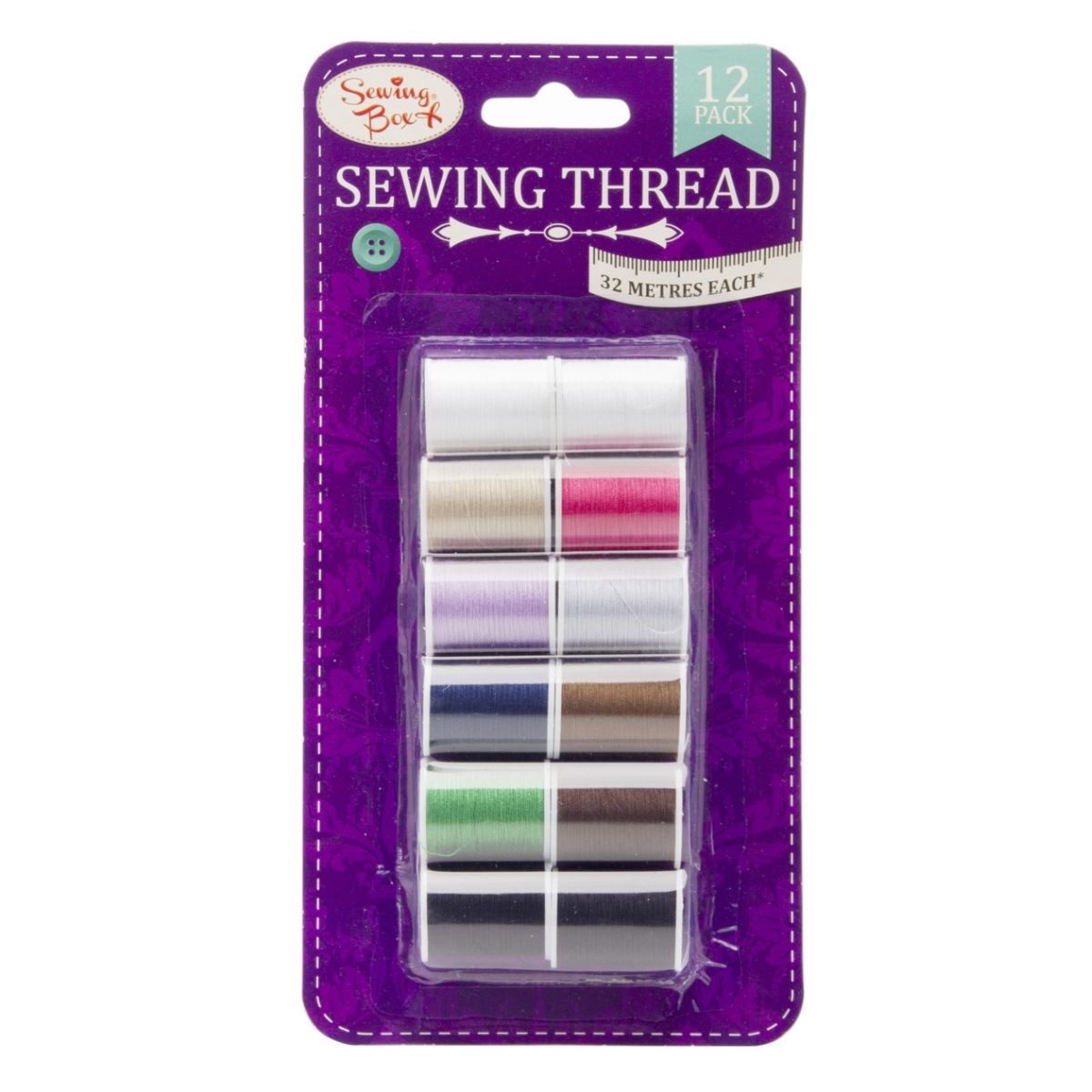 A Sewing Box - Coloured Sewing Threads - 12pcs, each 32 metres in length, in retail packaging.