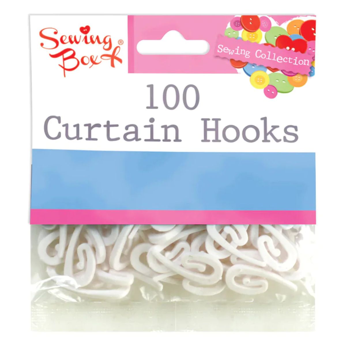 A package of 100 curtain hooks from the Sewing Box - Pack of 100 Curtain Hooks collection.