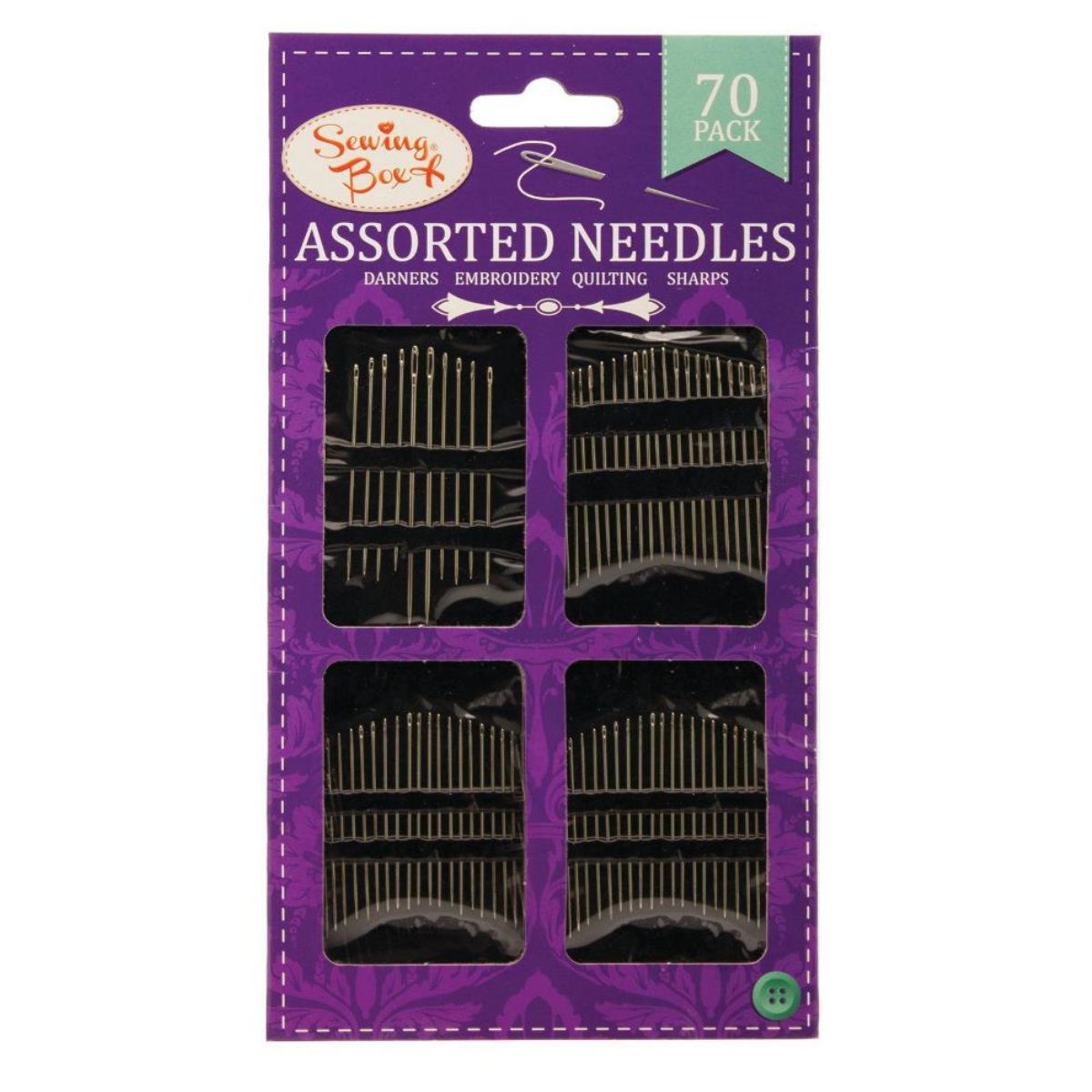 Sentence with product name: A package of Sewing Box - Sewing Needles - 70pcs for darning, embroidery, quilting, and sharp sewing tasks.
