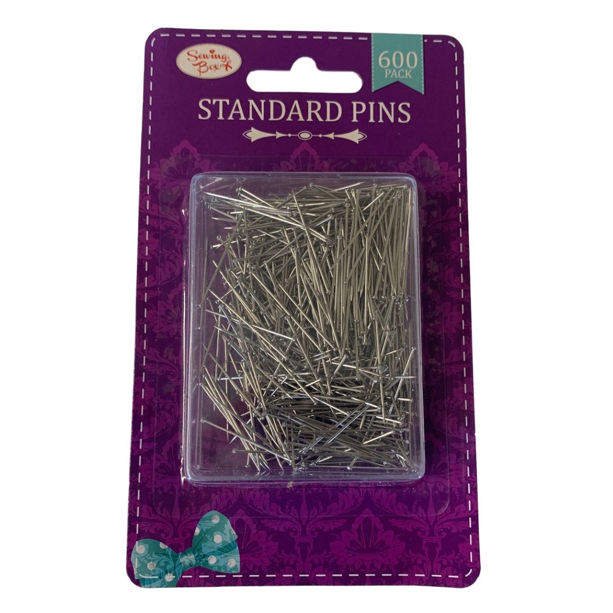 Packaging of Sewing Box - Standard Pins - 600pcs, displayed on a purple background.