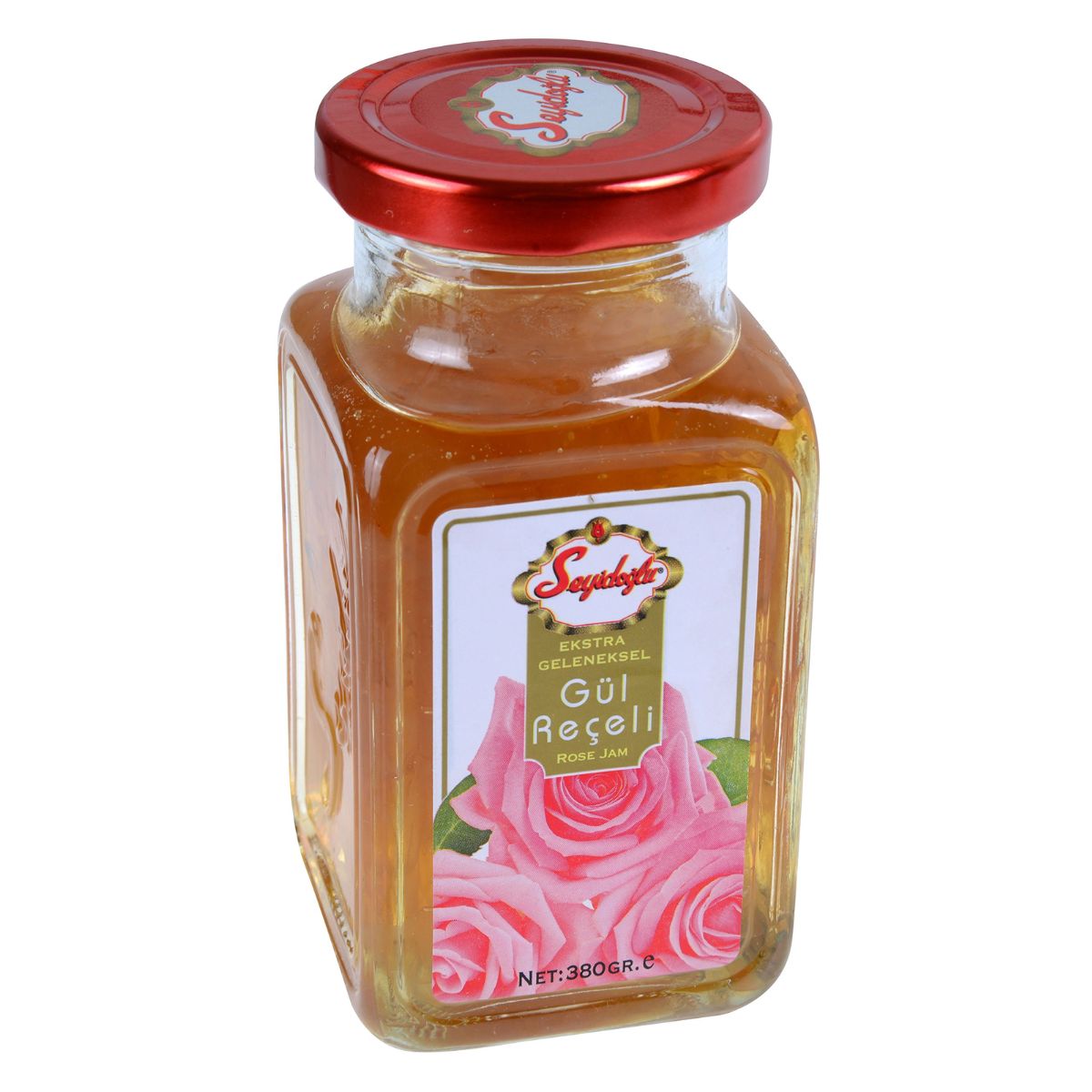 A jar of Seyidoglu - Rose Jam - 380g on a white background.