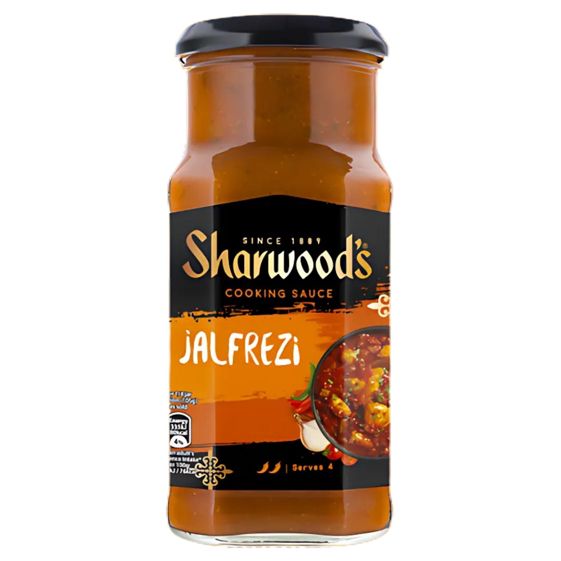 A 420g jar of Sharwood's Indian Cooking Sauce for Jalfrezi, featuring an orange label and an image of a fiery tomato curry dish on the front. A 420g jar of Sharwood's Indian Cooking Sauce for Jalfrezi, featuring an orange label and an image of a fiery tomato curry dish on the front.