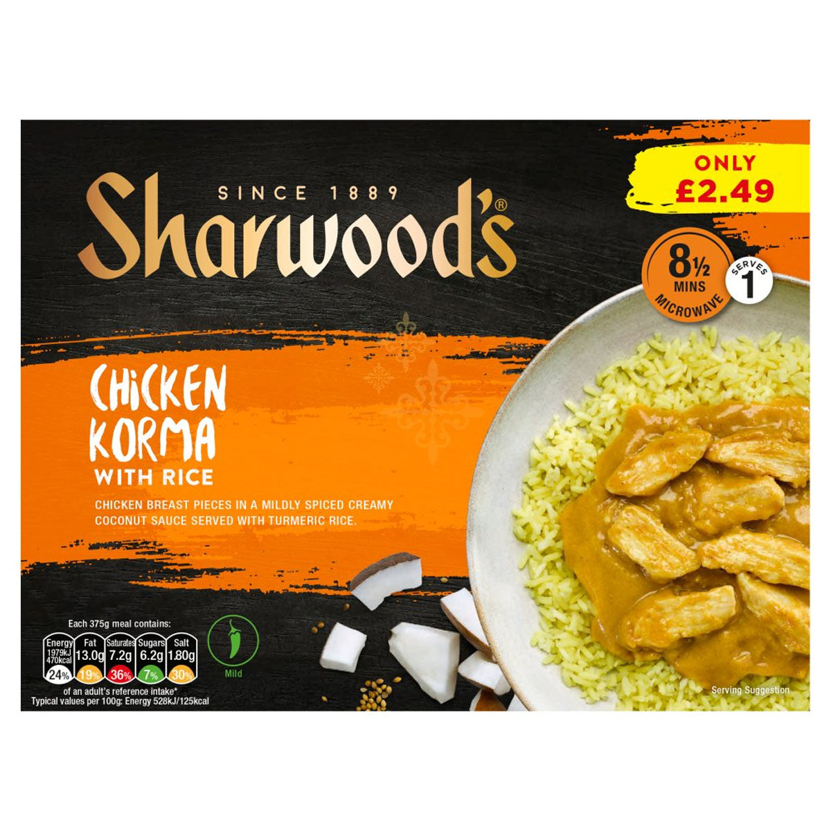 Sharwoods - Chicken Korma with Rice - 375g with coconut. Sharwoods - Chicken Korma with Rice - 375g with coconut.
