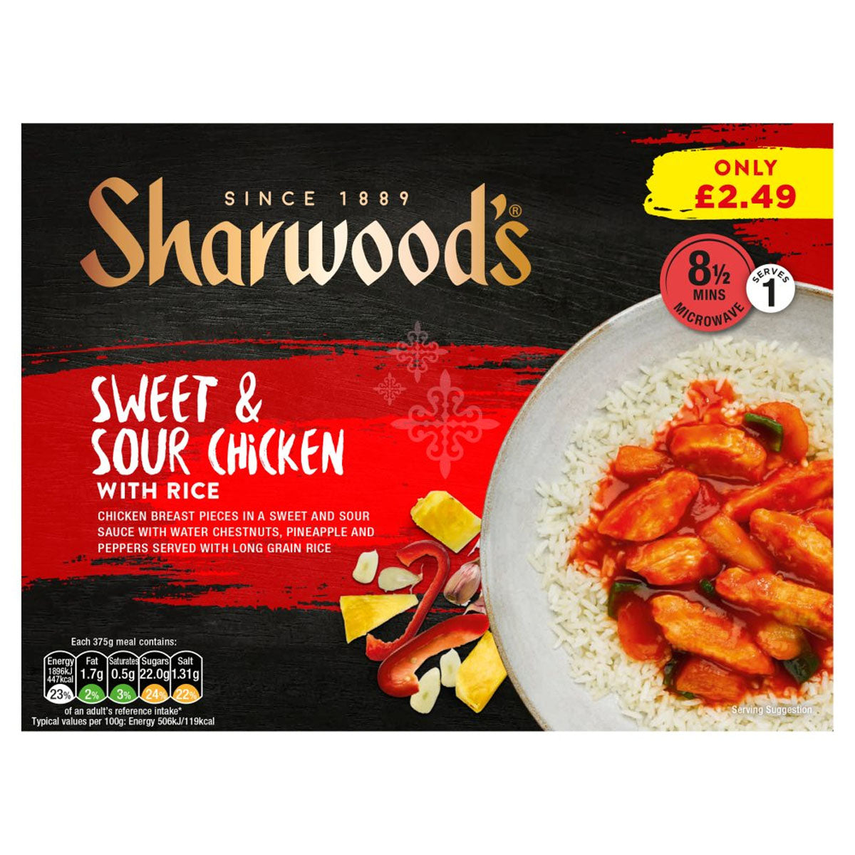 A box of Sharwoods - Sweet & Sour Chicken with Rice - 375g. A box of Sharwoods - Sweet & Sour Chicken with Rice - 375g.
