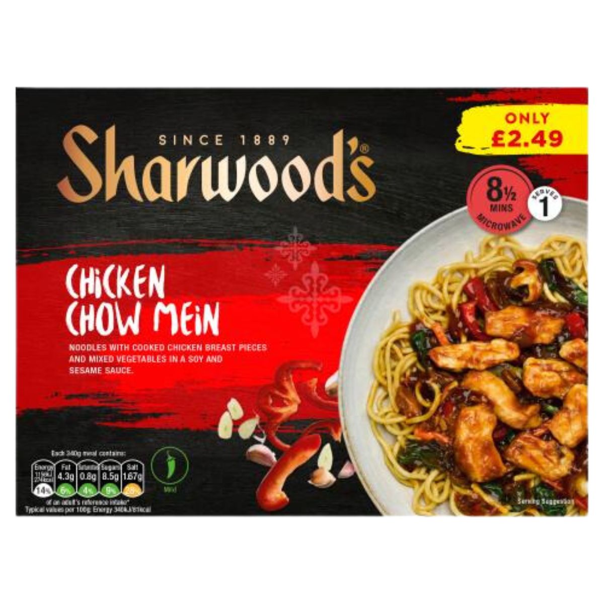 A box of Sharwoods - Chicken Chow Mein - 340g. A box of Sharwoods - Chicken Chow Mein - 340g.
