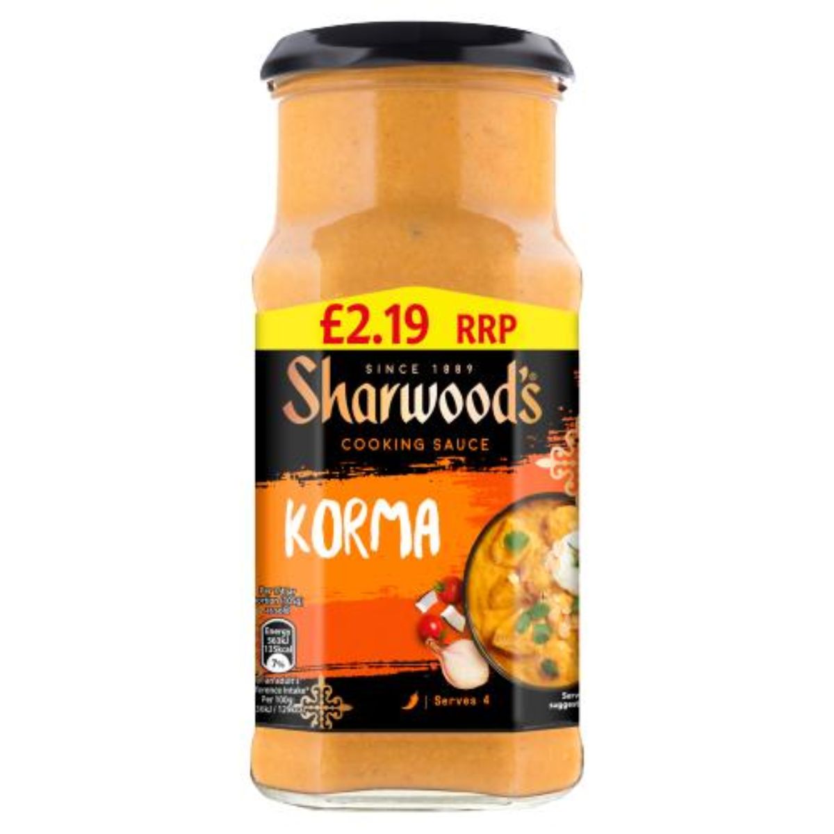 A jar of Sharwoods - Cooking Sauce Korma - 420g curry.