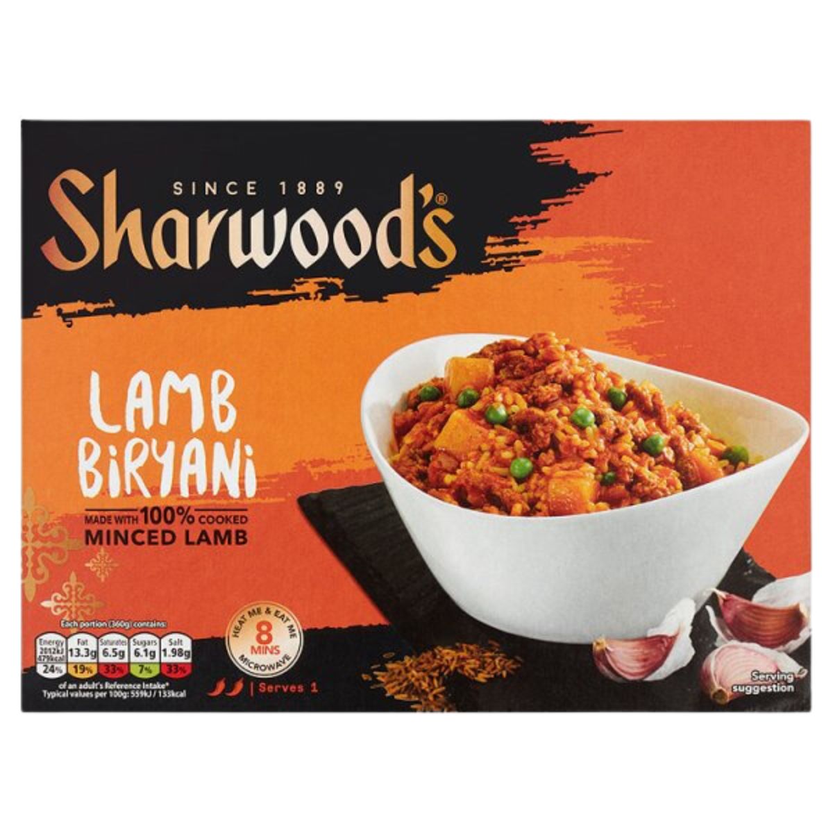 A box of Sharwoods - Lamb Biryani Rice with Minced Lamb and Potatoes - 375g.