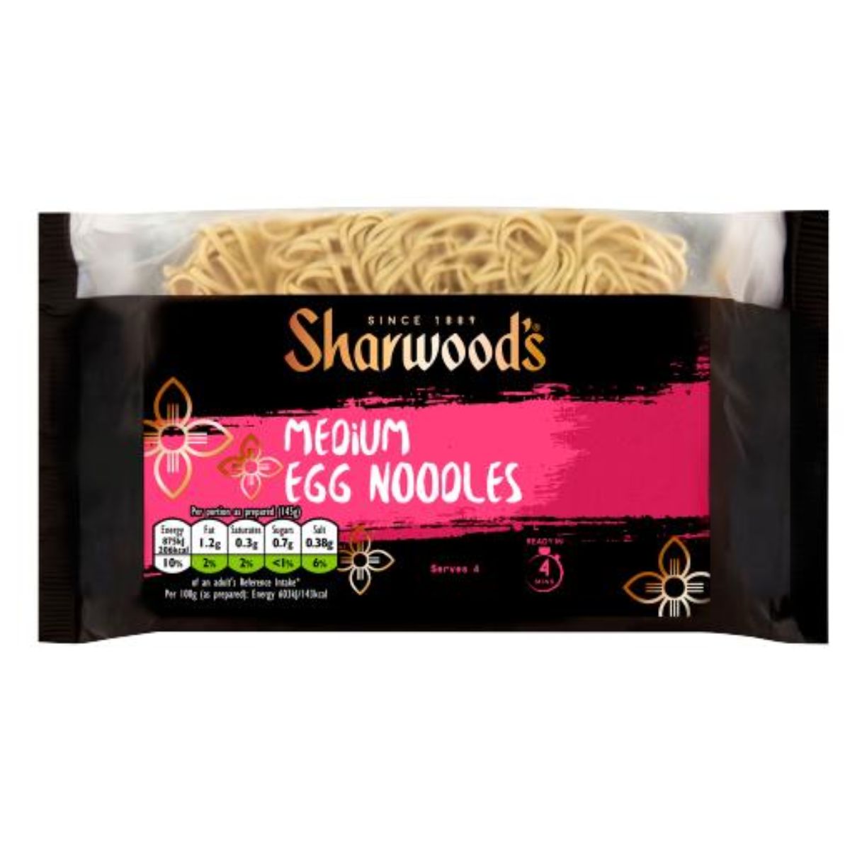 A package of Sharwoods - Medium Egg Noodles - 226g. A package of Sharwoods - Medium Egg Noodles - 226g.
