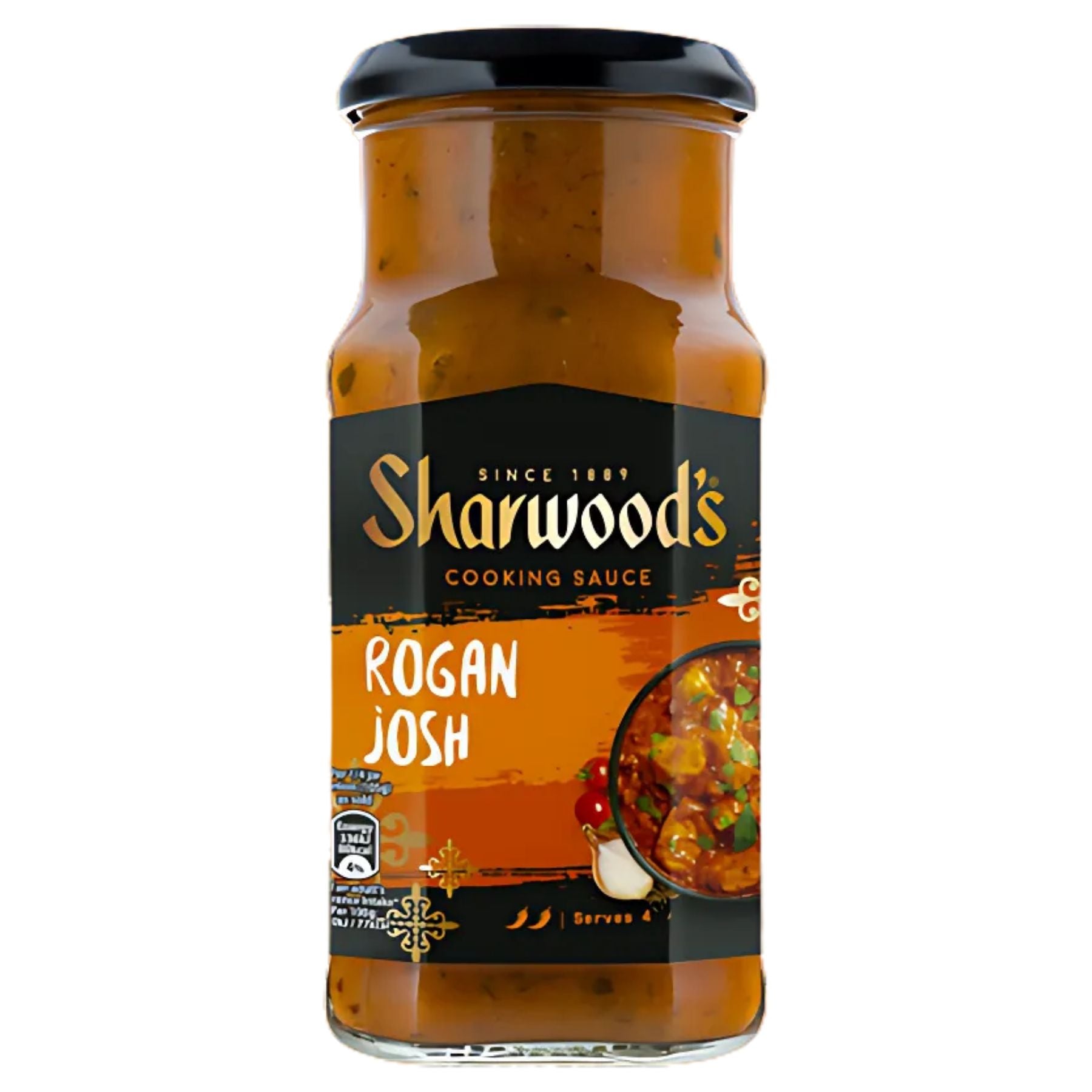 Sharwoods Rogan Josh Medium Curry Sauce 420g features an illustrated serving suggestion on the label, making it ideal for preparing a flavourful, medium-spiced Indian curry at home. Sharwoods Rogan Josh Medium Curry Sauce 420g features an illustrated serving suggestion on the label, making it ideal for preparing a flavourful, medium-spiced Indian curry at home.