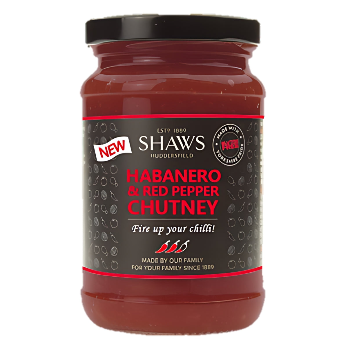 A jar of Shaws - Habanero & Red Pepper Chutney - 300g, labeled "Fire up your chili!" with a "New" and "Hot" badge, promoting its spiciness and recent introduction.