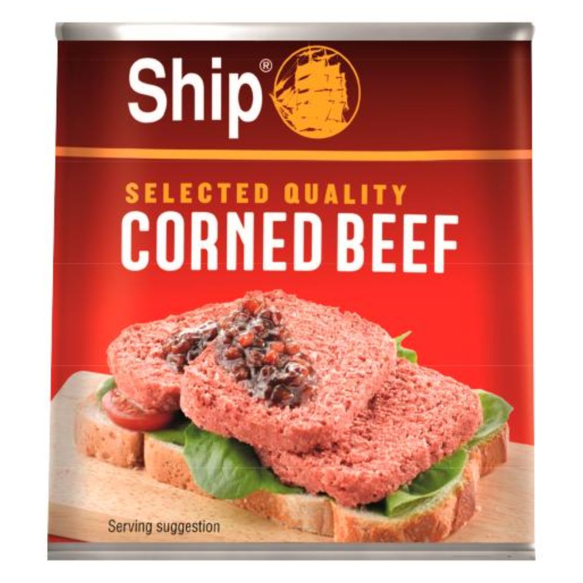 A can of Ship - Selected Quality Corned Beef - 340g with an image of a corned beef sandwich on the label, labeled as "selected quality. A can of Ship - Selected Quality Corned Beef - 340g with an image of a corned beef sandwich on the label, labeled as "selected quality.