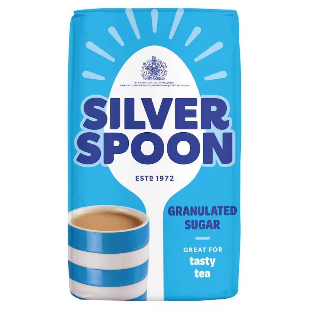 A blue and white Silver Spoon - Granulated Sugar - 1kg packet sits beside a cup of tea, with "GREAT FOR tasty tea" and "ESTP 1972"—ideal for naturally sweetening drinks or baking your favorite treats. A blue and white Silver Spoon - Granulated Sugar - 1kg packet sits beside a cup of tea, with "GREAT FOR tasty tea" and "ESTP 1972"—ideal for naturally sweetening drinks or baking your favorite treats.