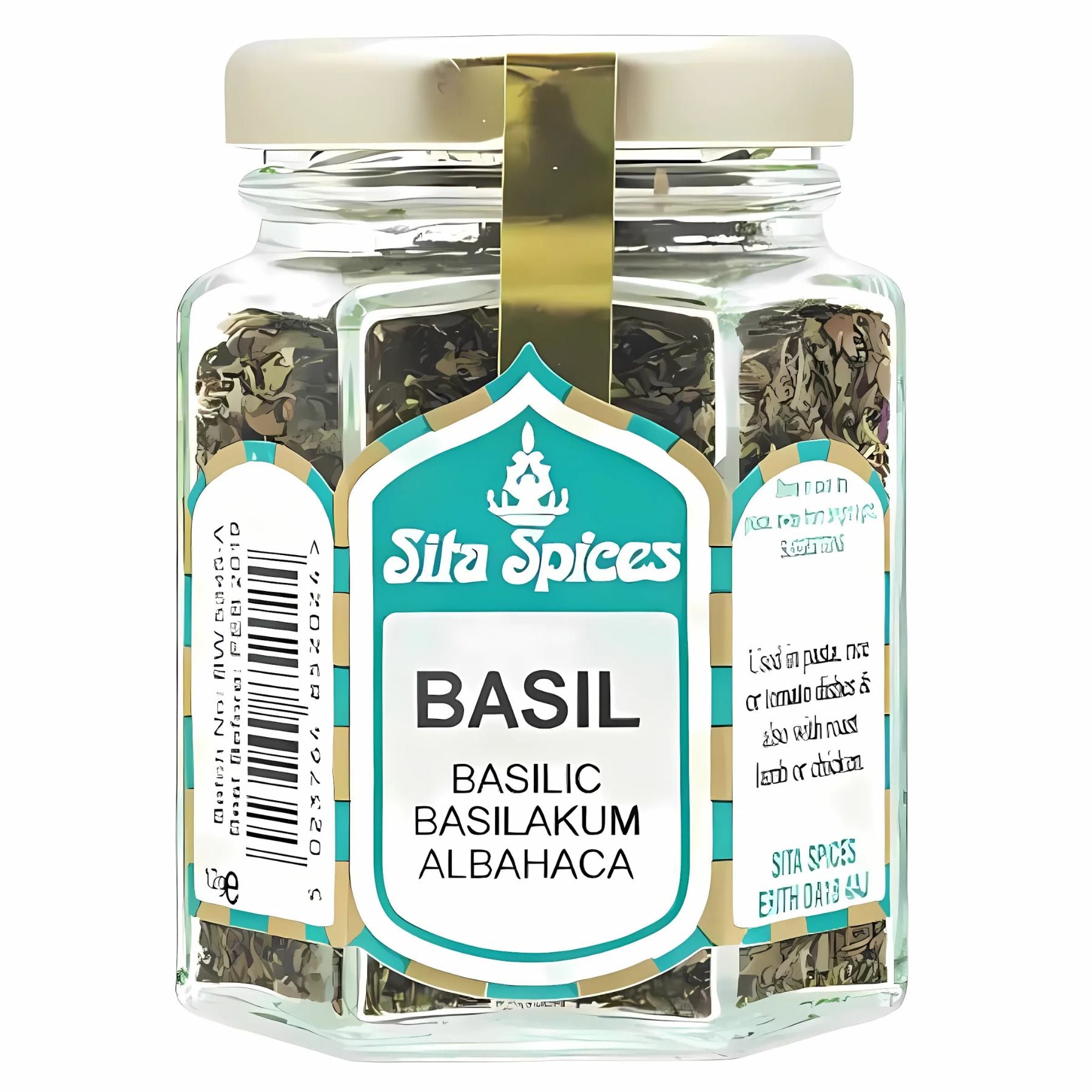 Sita Spices - Basil - 12g comes in a glass jar with a gold lid, featuring multilingual labels (English, Italian, German, Spanish), ideal for adding authentic Mediterranean flavor to your dishes. Sita Spices - Basil - 12g comes in a glass jar with a gold lid, featuring multilingual labels (English, Italian, German, Spanish), ideal for adding authentic Mediterranean flavor to your dishes.