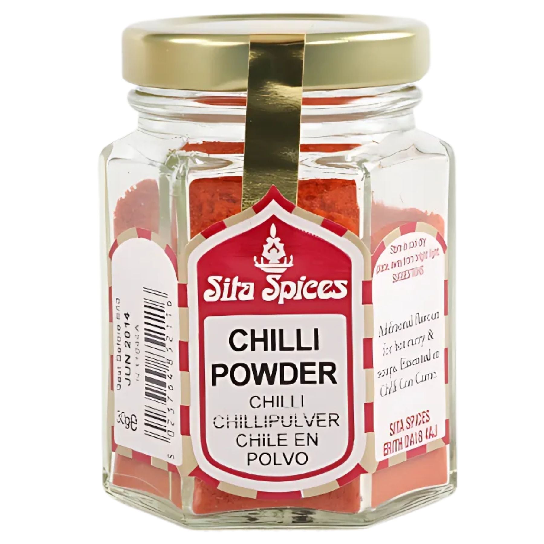 Sita Spices - Chilli Powder - 30g comes in a hexagonal glass jar with a gold lid and multilingual label, adding authentic, vibrant flavor to your kitchen. Sita Spices - Chilli Powder - 30g comes in a hexagonal glass jar with a gold lid and multilingual label, adding authentic, vibrant flavor to your kitchen.