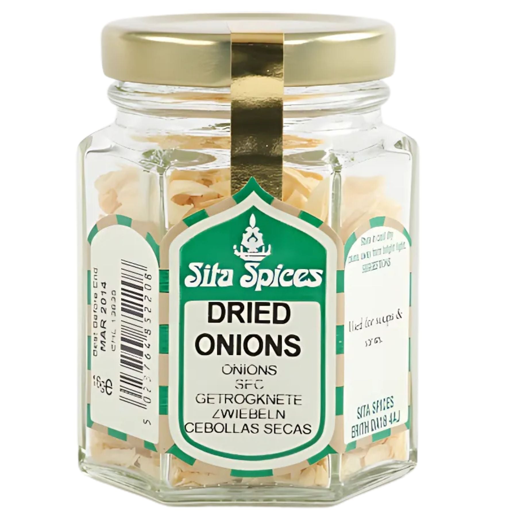 A 16g glass jar of Sita Spices Dried Onions with a green and white label, featuring visible sliced dried onions inside—ideal for cooking. A 16g glass jar of Sita Spices Dried Onions with a green and white label, featuring visible sliced dried onions inside—ideal for cooking.