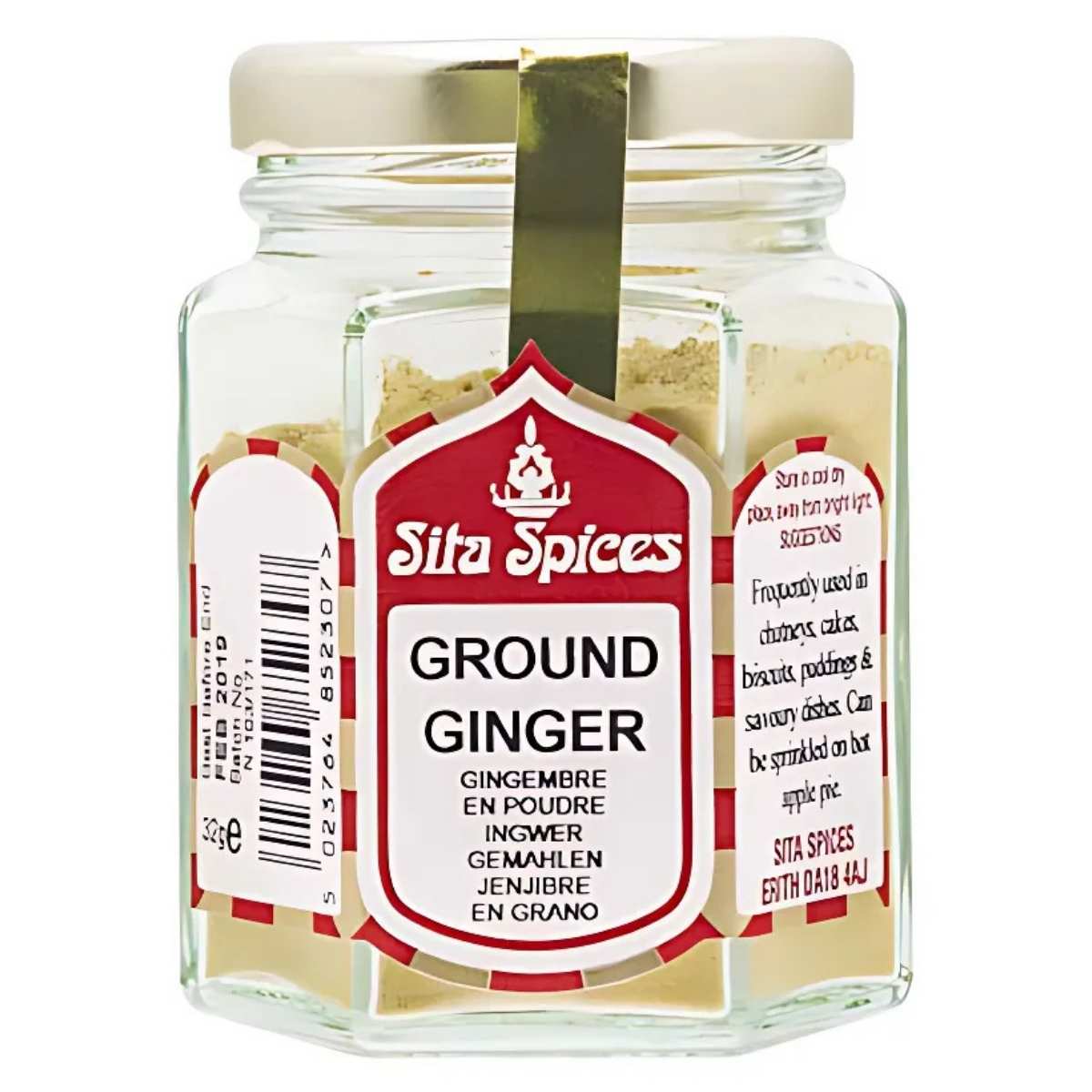 The Sita Spices - Ground Ginger - 30g jar, featuring bilingual English and French labeling, is a pantry staple. It comes elegantly sealed with a gold band to ensure freshness and flavor. The Sita Spices - Ground Ginger - 30g jar, featuring bilingual English and French labeling, is a pantry staple. It comes elegantly sealed with a gold band to ensure freshness and flavor.
