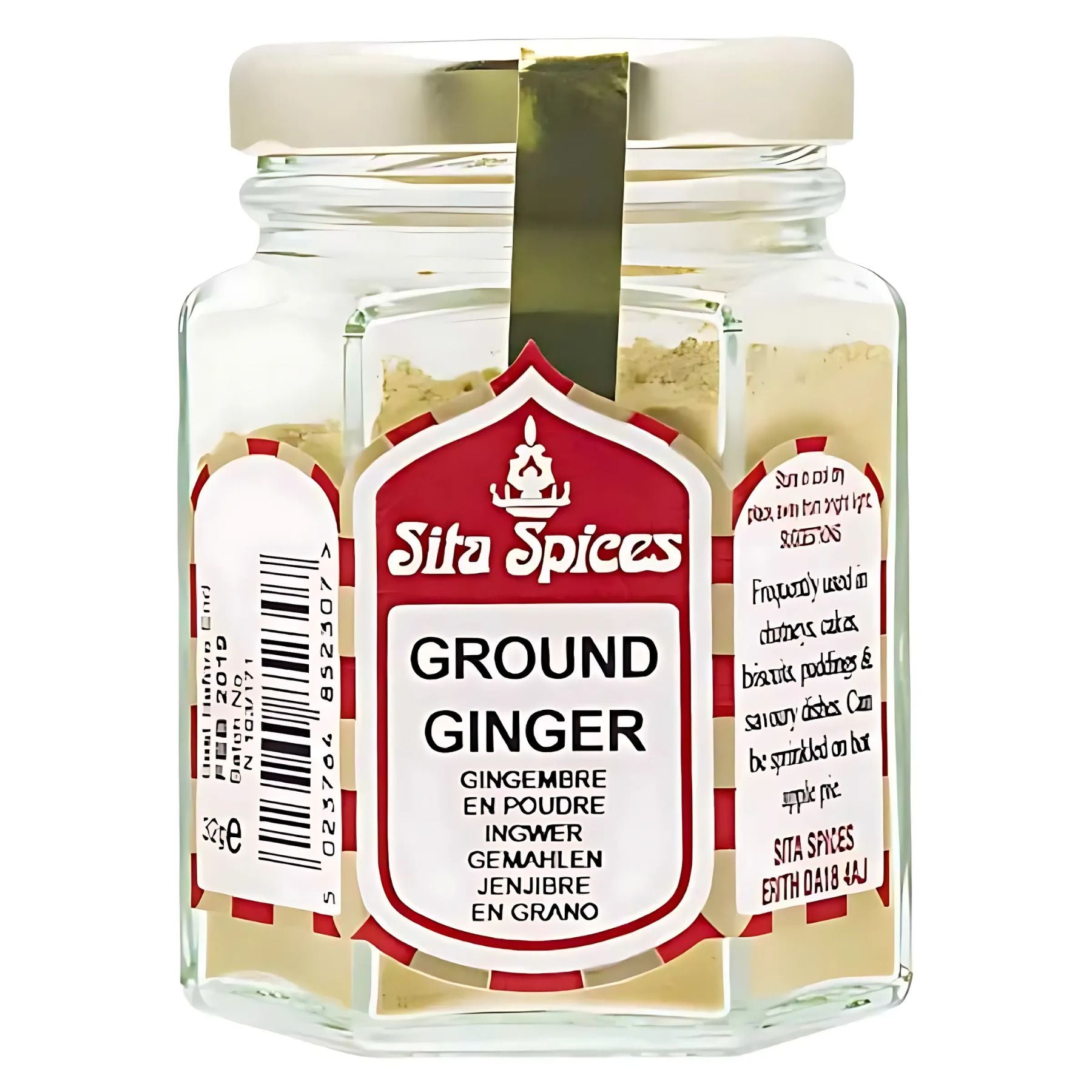 A 30g glass jar of Sita Spices Ground Ginger with a red and white label featuring product details in multiple languages. A 30g glass jar of Sita Spices Ground Ginger with a red and white label featuring product details in multiple languages.