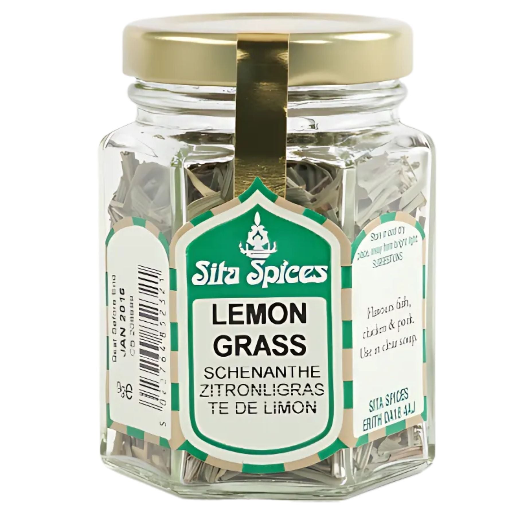 A 7g glass jar of Sita Spices - Lemon Grass contains dried lemongrass pieces with a vibrant citrus flavor. The label is multilingual and topped with a gold-colored lid. A 7g glass jar of Sita Spices - Lemon Grass contains dried lemongrass pieces with a vibrant citrus flavor. The label is multilingual and topped with a gold-colored lid.