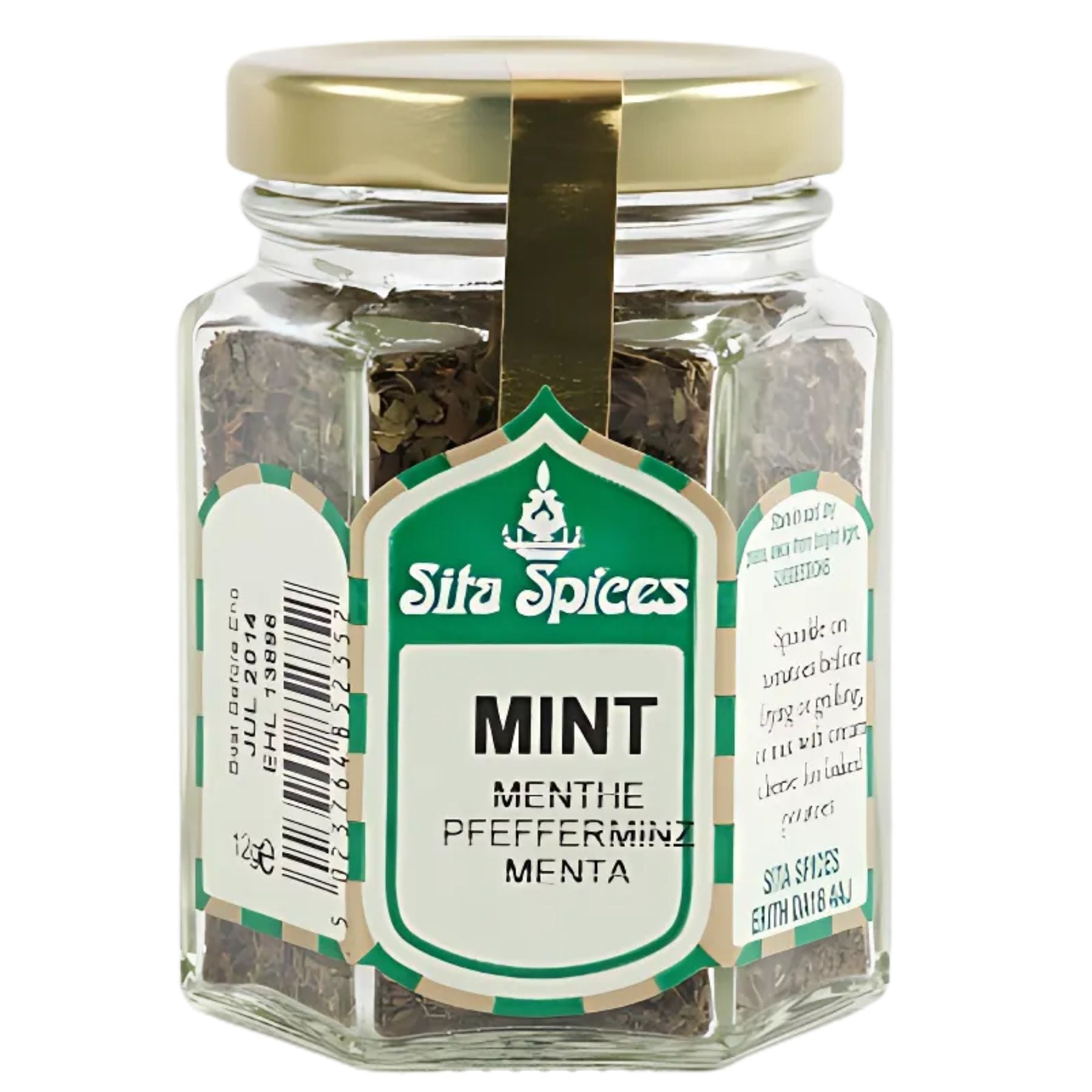A 12g glass jar of Sita Spices - Mint featuring a green and white label with the product name in multiple languages. A 12g glass jar of Sita Spices - Mint featuring a green and white label with the product name in multiple languages.