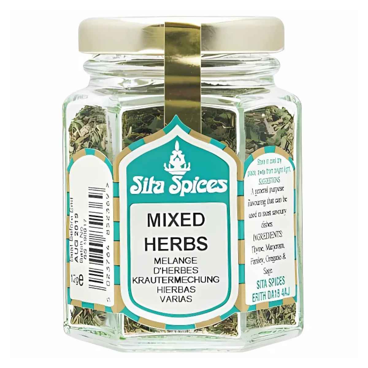 A clear jar of Sita Spices - Mixed Herbs - 10g, featuring green and white labeling, is perfect for cooking. This jar contains a blend of dried herbs and includes the ingredients list along with contact information. A clear jar of Sita Spices - Mixed Herbs - 10g, featuring green and white labeling, is perfect for cooking. This jar contains a blend of dried herbs and includes the ingredients list along with contact information.