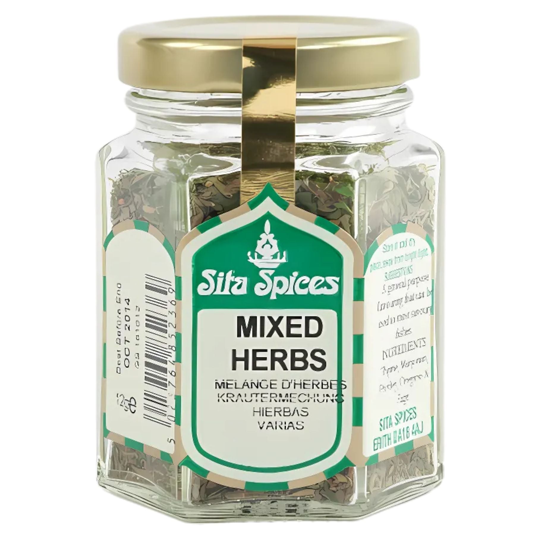 A 10g glass jar of Sita Spices - Mixed Herbs with a gold lid and multilingual front label, ideal for seasoning your favorite dishes. A 10g glass jar of Sita Spices - Mixed Herbs with a gold lid and multilingual front label, ideal for seasoning your favorite dishes.