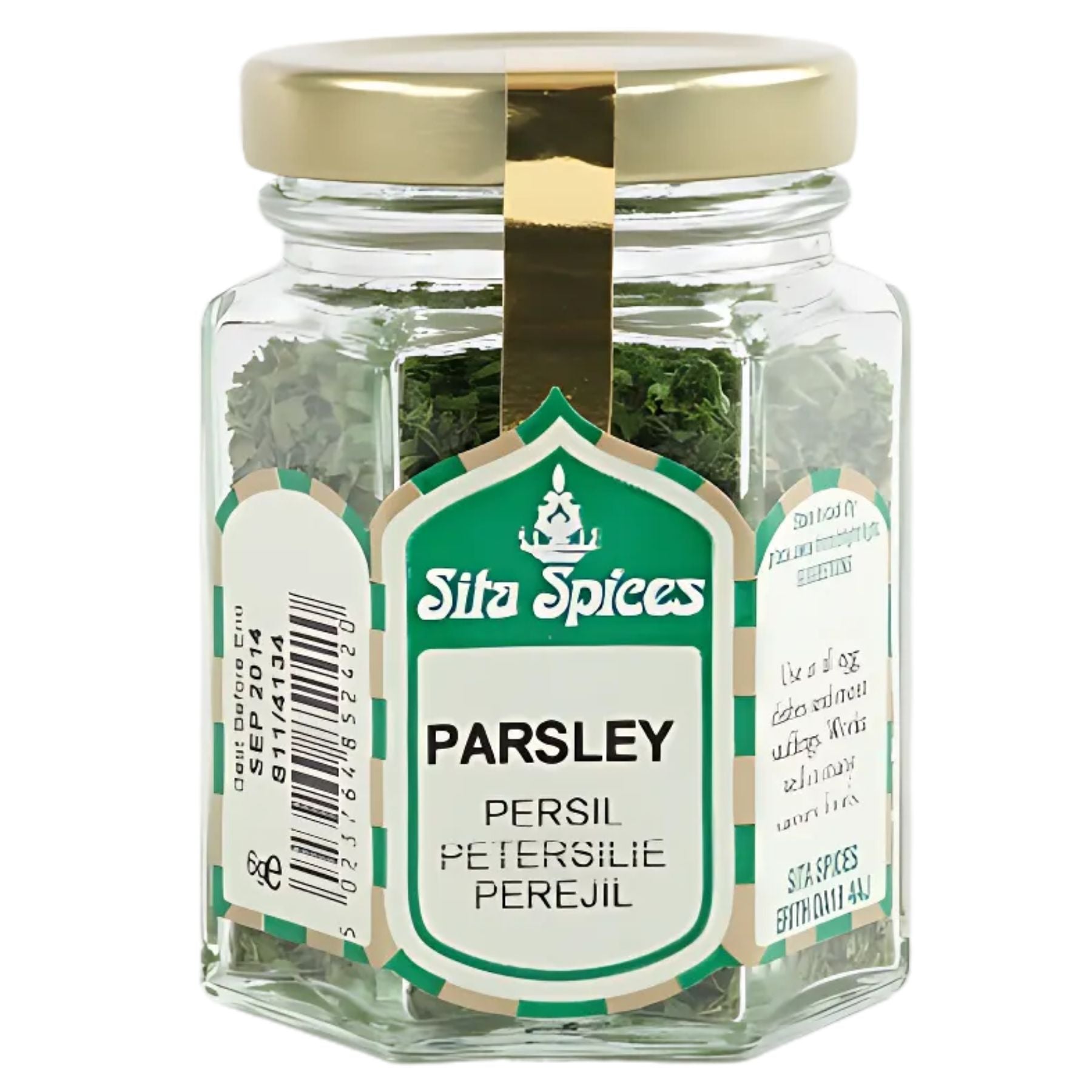 A 5g glass jar of Sita Spices Parsley with a gold lid and a white-green multilingual label. A 5g glass jar of Sita Spices Parsley with a gold lid and a white-green multilingual label.