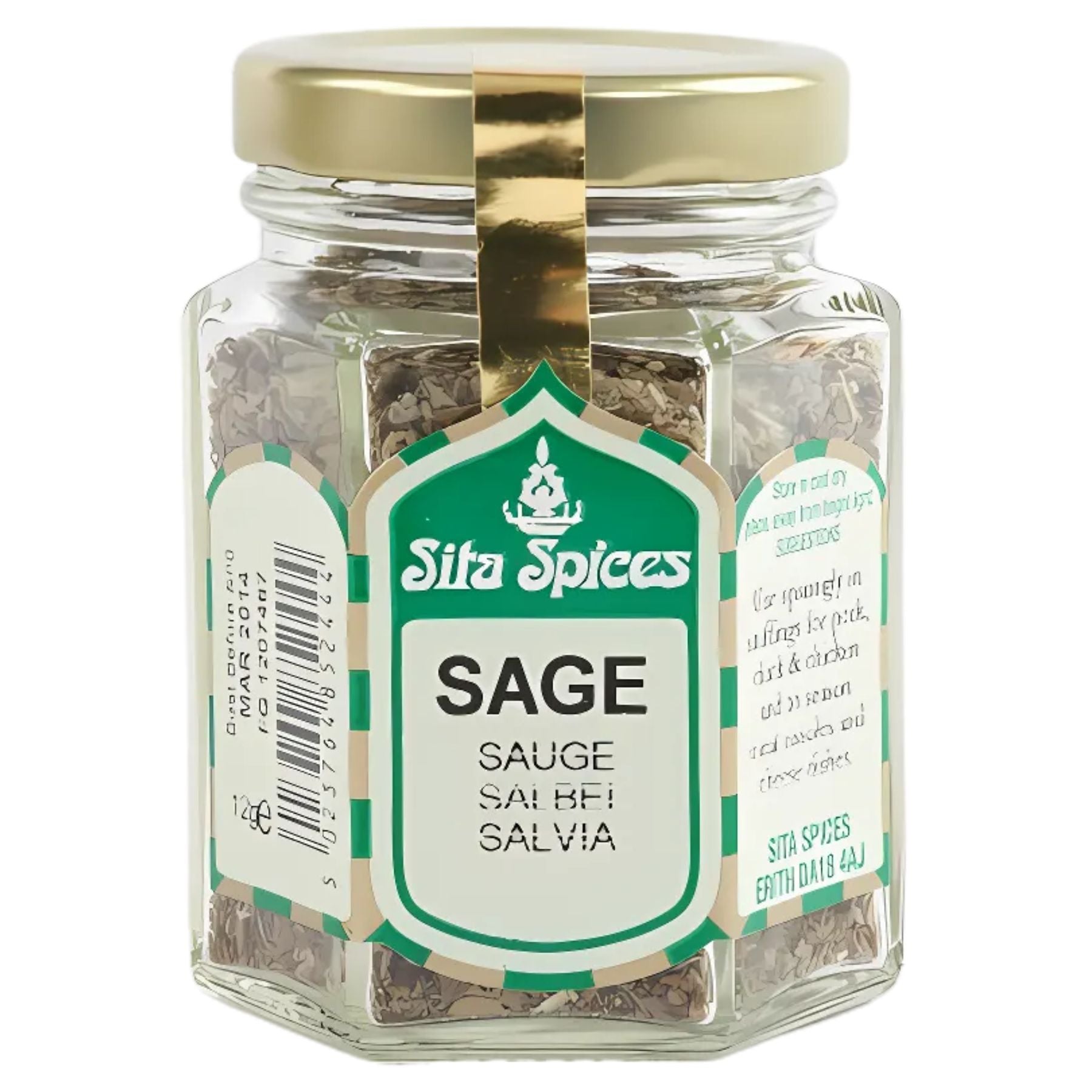 A 10g glass jar of Sita Spices Sage, an aromatic herb, with a gold lid and multilingual labeling on the front and sides. A 10g glass jar of Sita Spices Sage, an aromatic herb, with a gold lid and multilingual labeling on the front and sides.