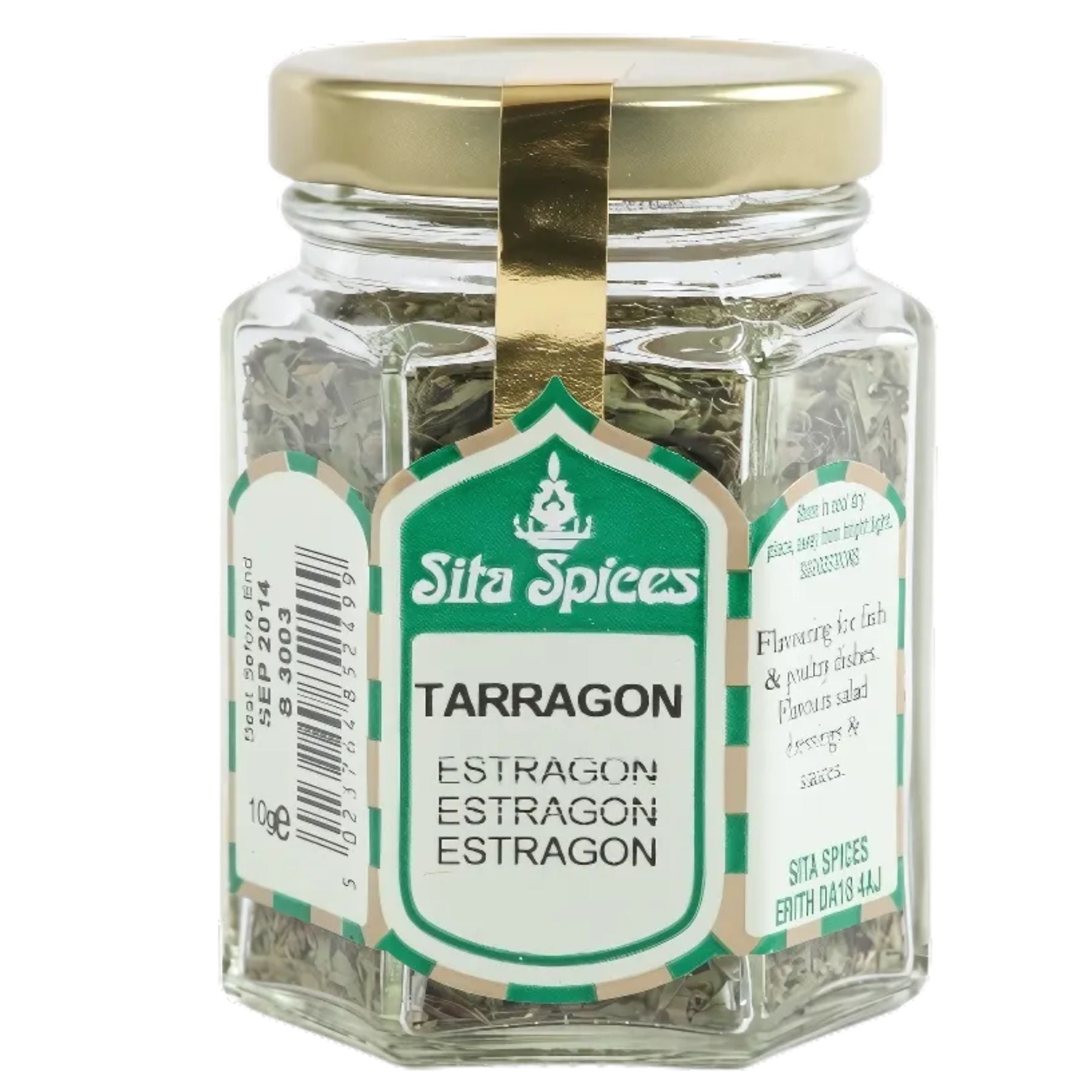 Sita Spices - Tarragon - 9g comes in a glass jar with a green and white label and gold lid, filled with dried tarragon leaves—perfect for Mediterranean dishes and ideal for adding flavor to fish. Sita Spices - Tarragon - 9g comes in a glass jar with a green and white label and gold lid, filled with dried tarragon leaves—perfect for Mediterranean dishes and ideal for adding flavor to fish.