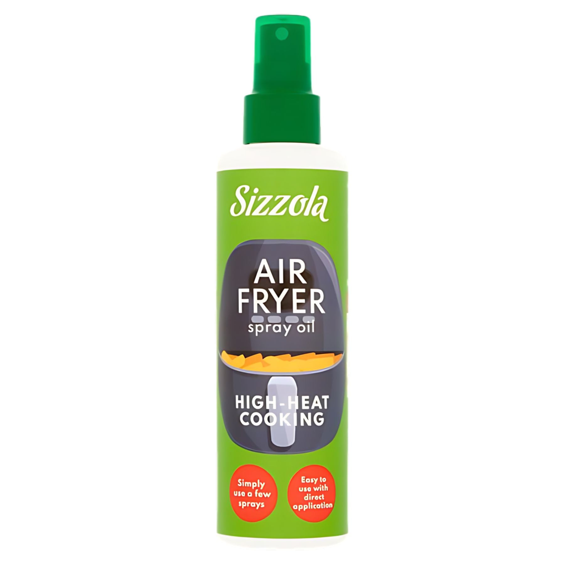 A green 190ml bottle of Sizzola Air Fryer Spray Cooking Oil, labeled for high-heat and healthy cooking, with simple spray instructions for direct application. A green 190ml bottle of Sizzola Air Fryer Spray Cooking Oil, labeled for high-heat and healthy cooking, with simple spray instructions for direct application.
