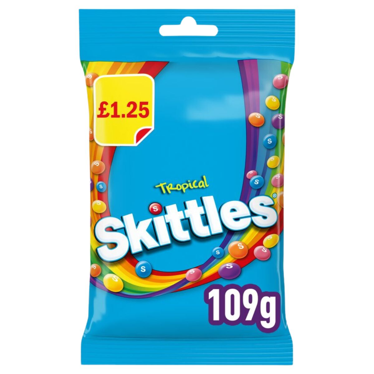 A Skittles - Tropical Treat Bag - 109g on a white background.