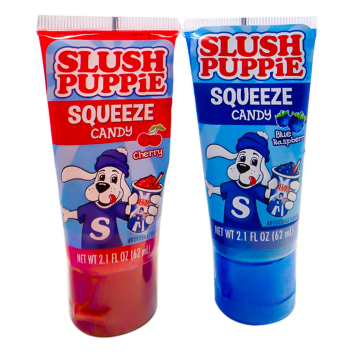 Two tubes of Slush Puppie - Squeeze Candy - 62ml (1pcs) on a white background. Two tubes of Slush Puppie - Squeeze Candy - 62ml (1pcs) on a white background.