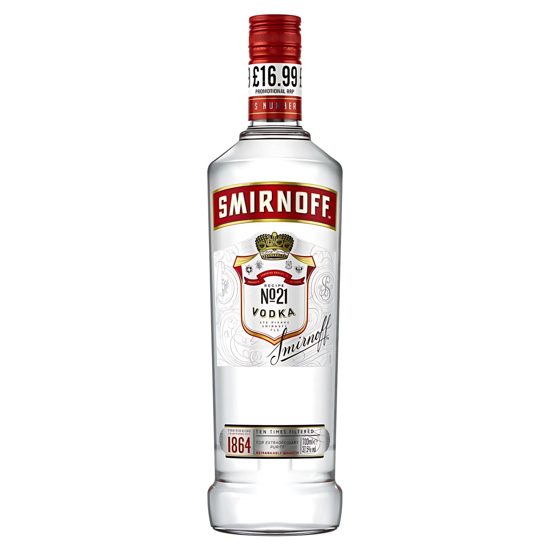 A clear 70cl bottle of Smirnoff - No. 21 Vodka (37.5% ABV) with a red label and gold accents displays a £16.99 price tag on the neck. A clear 70cl bottle of Smirnoff - No. 21 Vodka (37.5% ABV) with a red label and gold accents displays a £16.99 price tag on the neck.