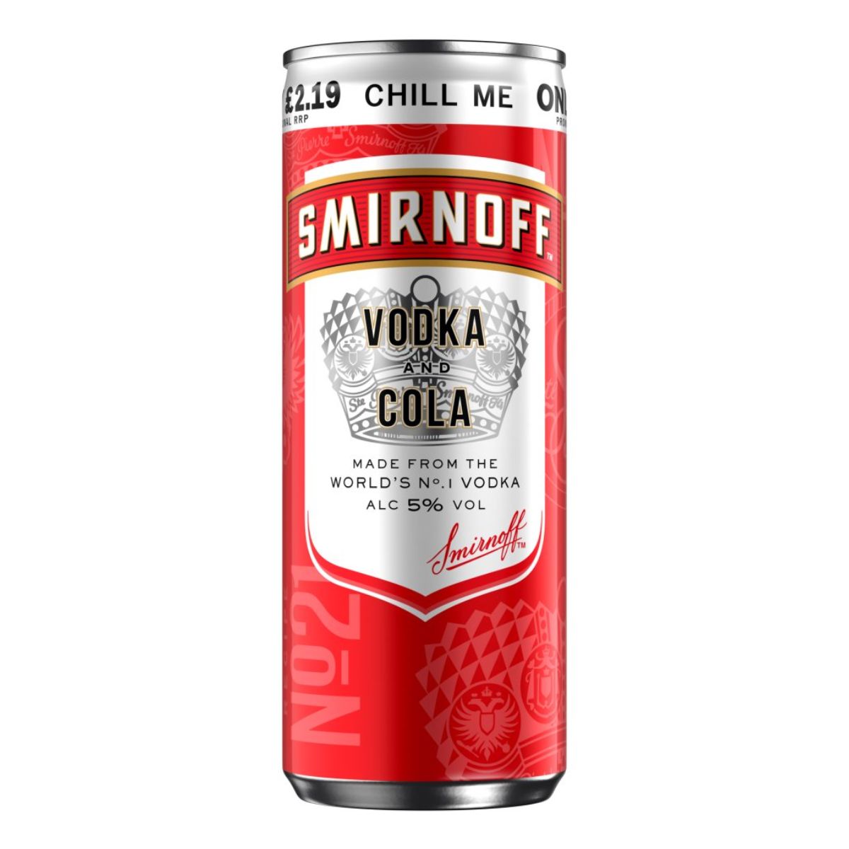 A can of Smirnoff - No.21 Vodka and Cola Ready to Drink Premix Can (5.0% ABV) - 250ml on a white background. A can of Smirnoff - No.21 Vodka and Cola Ready to Drink Premix Can (5.0% ABV) - 250ml on a white background.