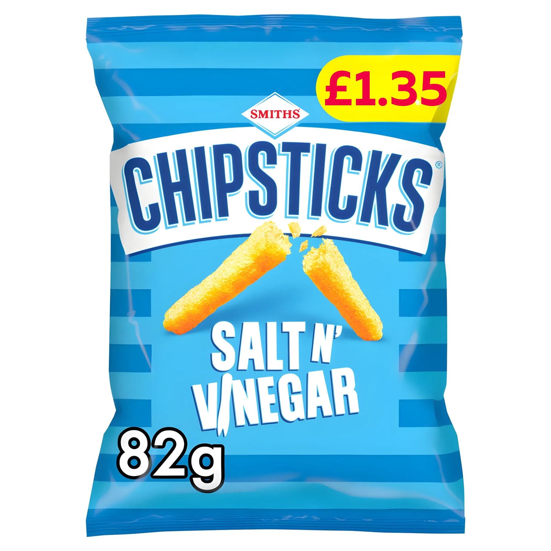 An 82g bag of Smiths - Chipsticks Salt & Vinegar Snacks Crisps, a classic maize and potato snack, features a £1.35 price label at the top right corner. An 82g bag of Smiths - Chipsticks Salt & Vinegar Snacks Crisps, a classic maize and potato snack, features a £1.35 price label at the top right corner.
