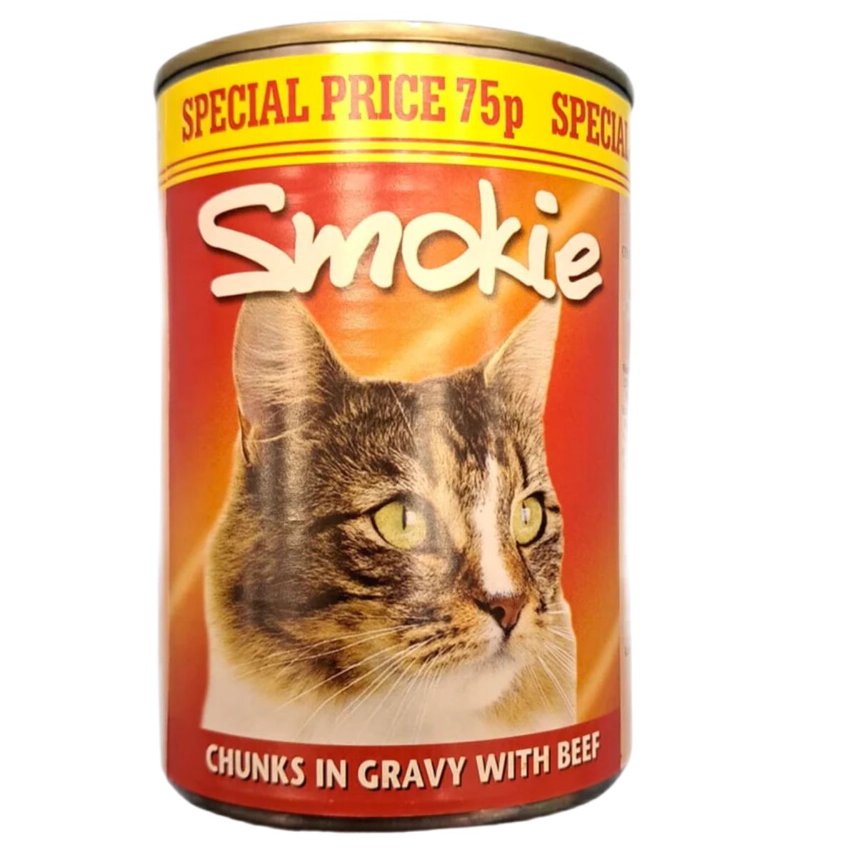 A can of Smokie - Chunks in Gravy with Beef - 400g cat food with a picture of a cat on it.