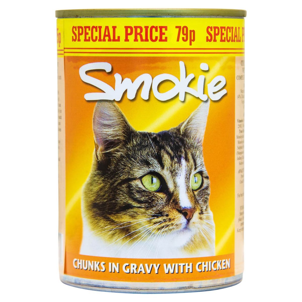 A 400g can of Smokie - Chunks in Gravy with Chicken cat food features a cat image and a yellow "Special Price 79p" banner, providing complete nutrition for your feline. A 400g can of Smokie - Chunks in Gravy with Chicken cat food features a cat image and a yellow "Special Price 79p" banner, providing complete nutrition for your feline.