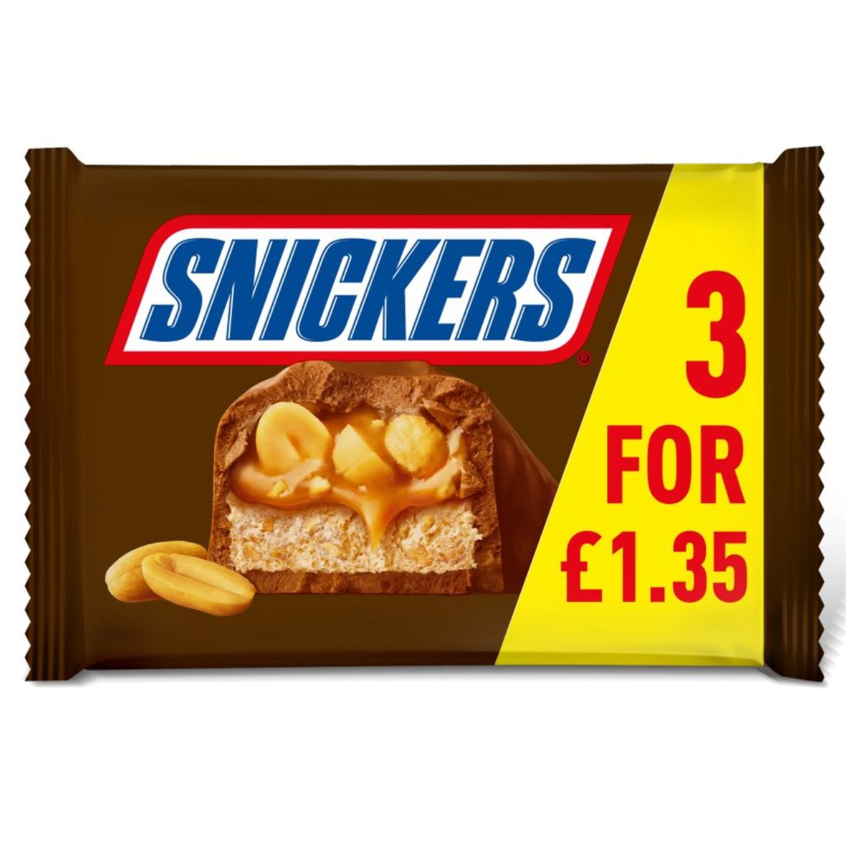Pack of three Snickers - Chocolate Bars Multipack - 3 x 41.7g with a promotional price label, showing the candy cut open to reveal the nougat, caramel, and peanuts inside.