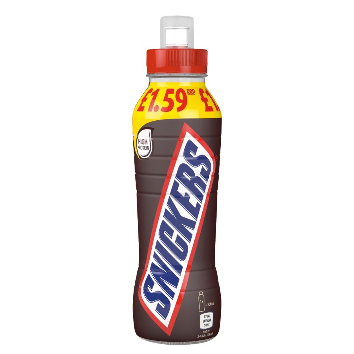 A bottle of Snickers - Chocolate Milk Shake Drink - 350ml on a white background.