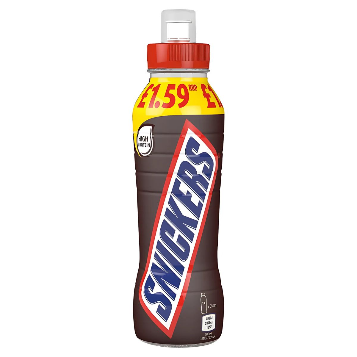 A 350ml Snickers Chocolate Milk Shake Drink bottle with a white cap and a red and yellow £1.59 price label. A 350ml Snickers Chocolate Milk Shake Drink bottle with a white cap and a red and yellow £1.59 price label.