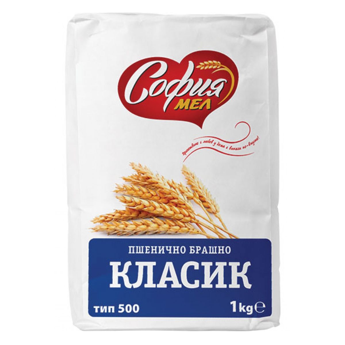 A bag of Sofia - Classic Flour - 1kg with wheat on it.