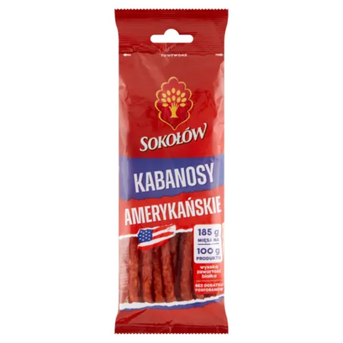 A red package of Sokolow - American Kabanos - 120g features white and blue text and a U.S. flag image on the front. A red package of Sokolow - American Kabanos - 120g features white and blue text and a U.S. flag image on the front.