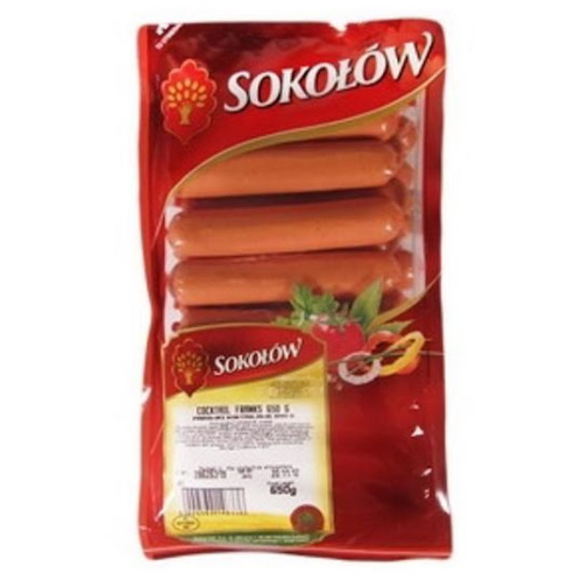 Packaging of Sokolow Cocktail Franks - 650g in a clear and red bag, displaying the product and label with weight and nutritional information.