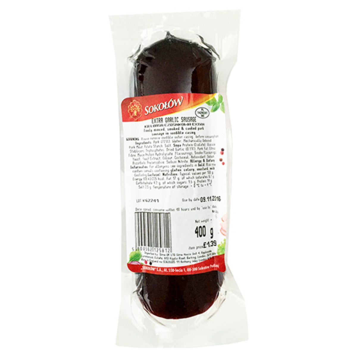 A package of Sokolow - Extra Garlic Sausage - 400g on a white background. A package of Sokolow - Extra Garlic Sausage - 400g on a white background.