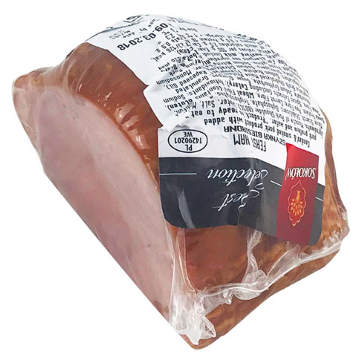 A Sokolow - Feast Ham - (Varies) wrapped in plastic on a white background. A Sokolow - Feast Ham - (Varies) wrapped in plastic on a white background.