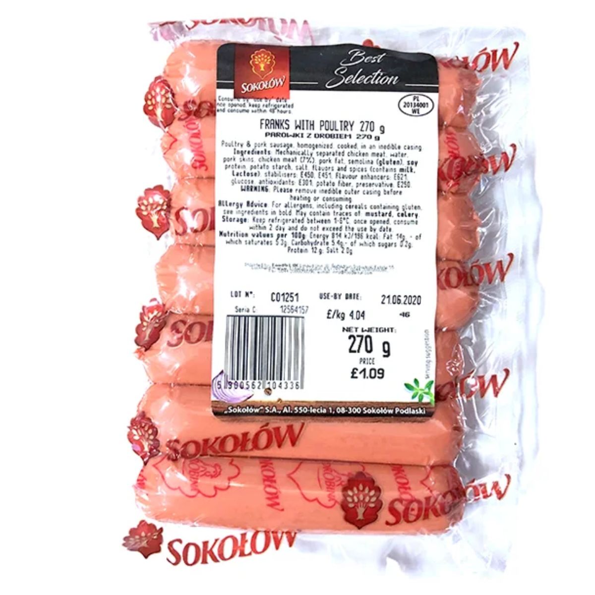 A package of Sokolow - Franks with Poultry - 270g on a white background.