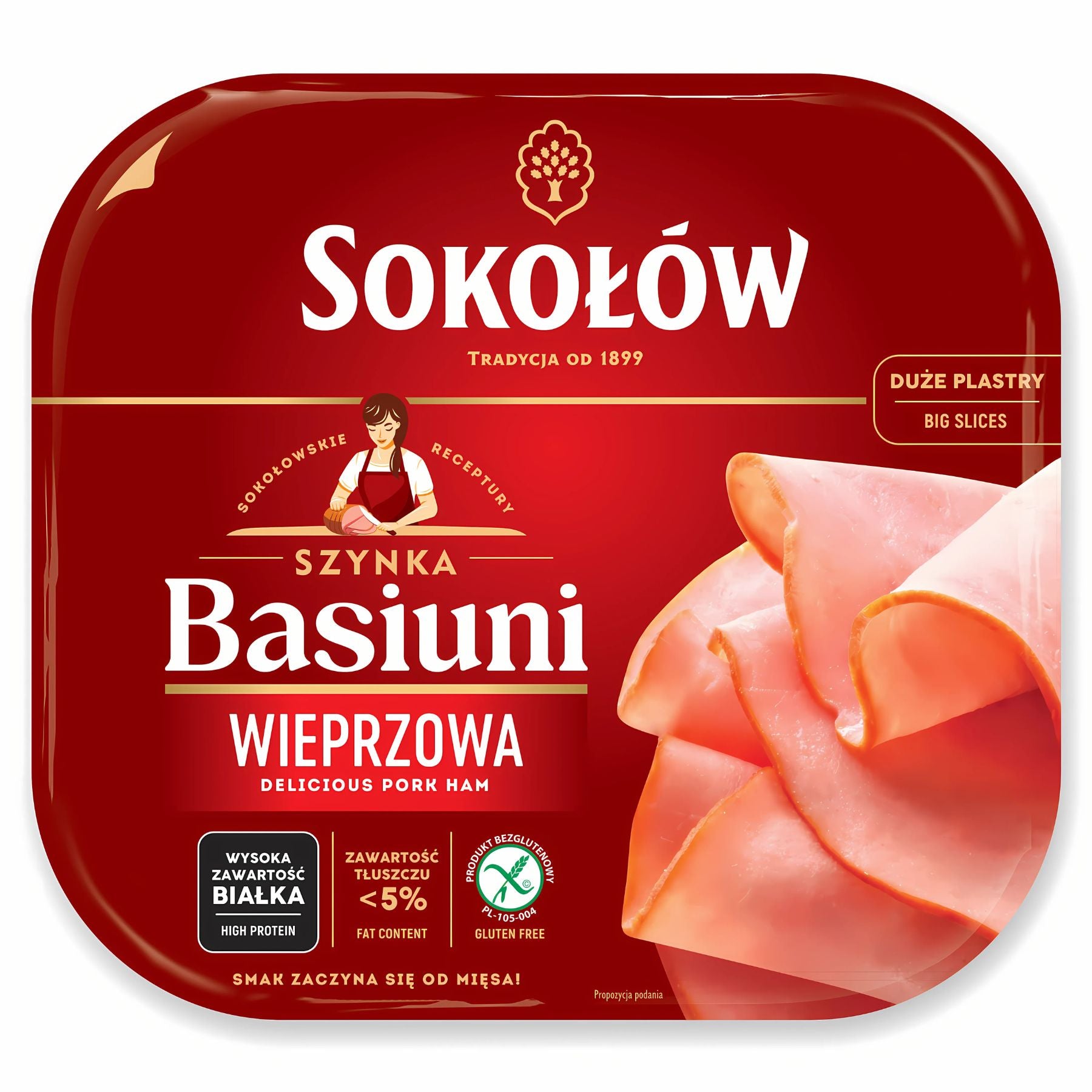 A 140g pack of Sokolow Grandma’s Extra Ham with large slices, nutritional info, gluten-free label, and soya protein content displayed on the front. A 140g pack of Sokolow Grandma’s Extra Ham with large slices, nutritional info, gluten-free label, and soya protein content displayed on the front.
