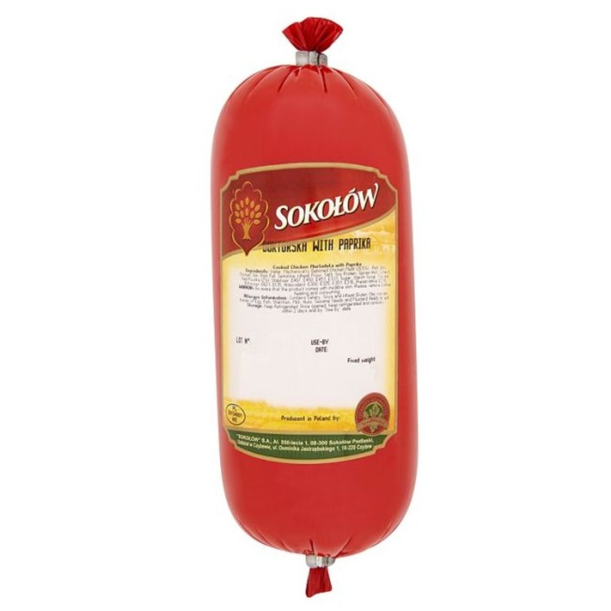 A red package of Sokolow - Mortadela with Paprika - 500g on a white background.