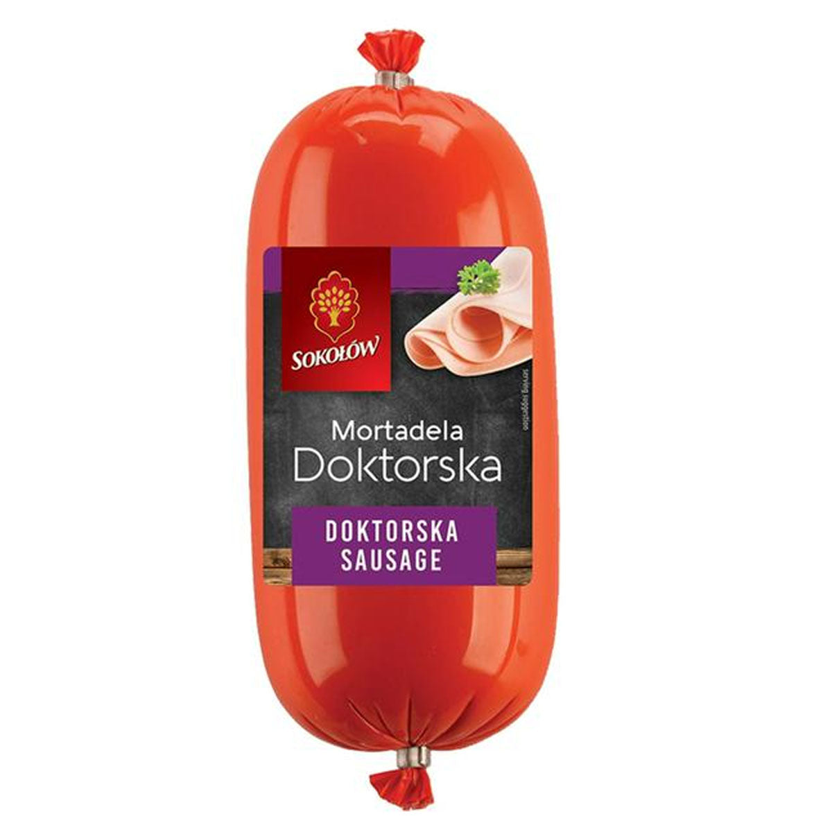 A Sokolow - Doktorska Sausage - 500g with a red label on it.