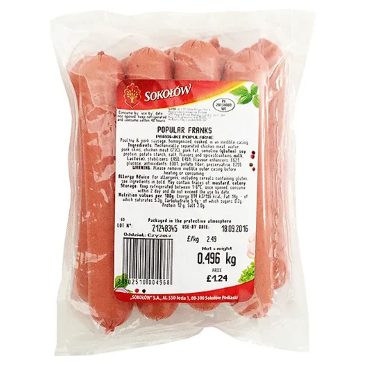 Sokolow - Popular Franks - 510g (Varies) in a plastic bag on a white background.