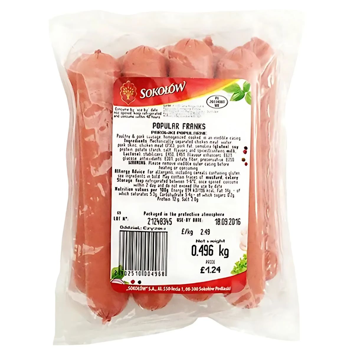 A vacuum-sealed pack of Sokolow - Popular Franks - 510g (Varies), made from poultry and pork, with a printed label showing product details, weight, price, and expiration date. A vacuum-sealed pack of Sokolow - Popular Franks - 510g (Varies), made from poultry and pork, with a printed label showing product details, weight, price, and expiration date.